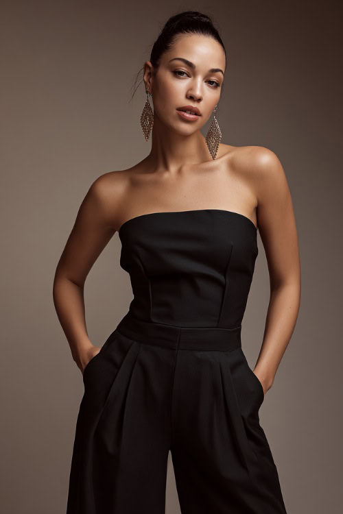 A woman in a strapless black jumpsuit with flared legs and statement earrings, styled for a chic nightclub night, simple studio background