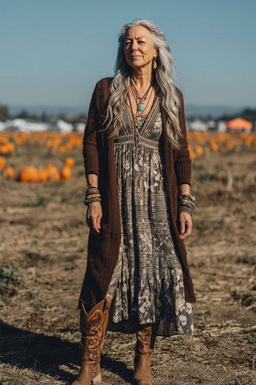 A woman over 50 wears a bohemian maxi dress with a long wool cardigan, paired with suede cowboy boots and layered jewelry
