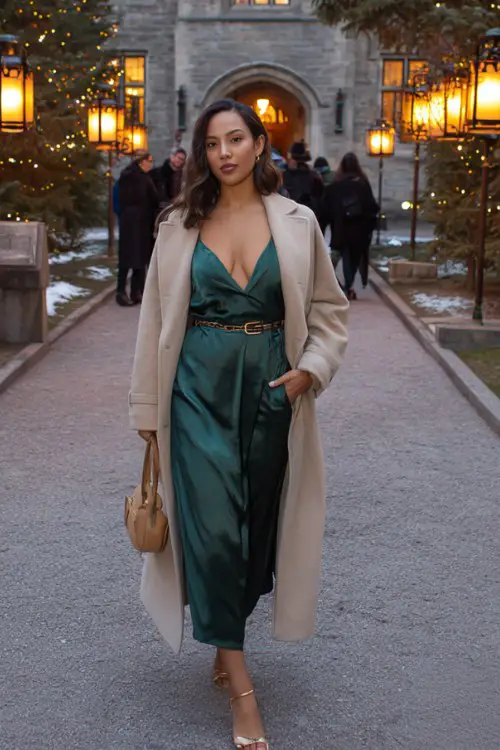 A woman wears a forest green satin gown with a beige belted coat and gold accessories