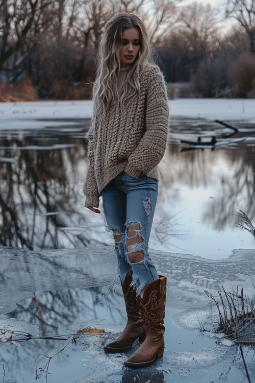 a woman wears a sweater, ripped jeans and brown cowboy boots (6)