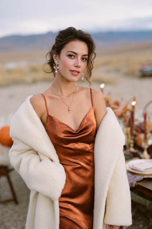 A woman wears a copper satin dress with a cream wool coat and pearl earrings