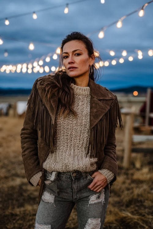 A woman wears a chunky knit sweater tucked into distressed jeans, styled with a fringe suede jacket and western boots, standing in a cold fall field under string lights