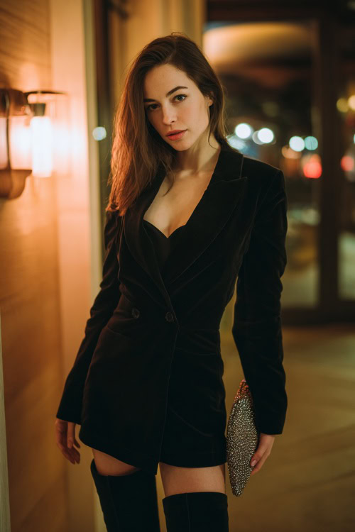 A woman wearing a tailored black blazer mini dress with long sleeves, paired with over-the-knee boots and a glittery clutch
