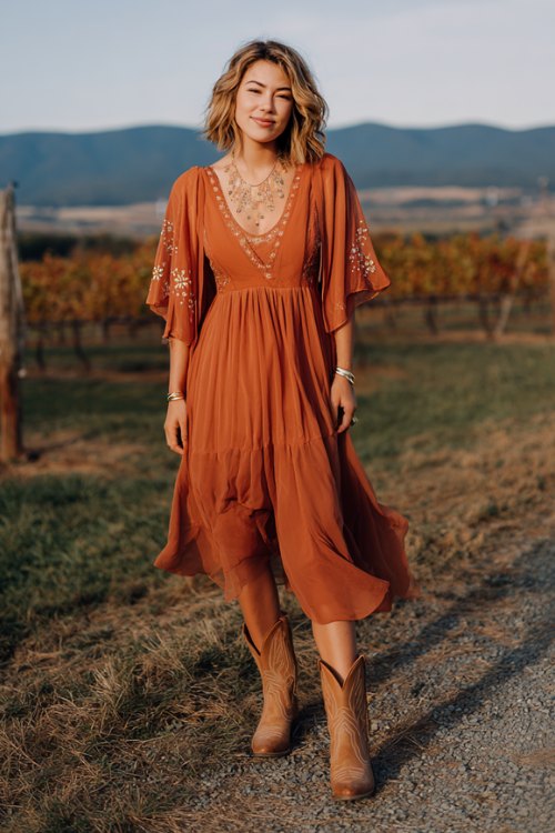 A bohemian-inspired fall wedding guest outfit with a flowing midi dress in burnt orange, featuring sheer chiffon overlay and delicate floral embroidery, paired with tan distressed cowboy boots