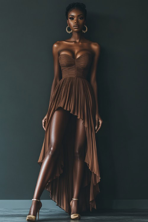 A woman styled in a ruched strapless midi dress with a sweetheart neckline, accessorized with gold hoop earrings and pointed heels