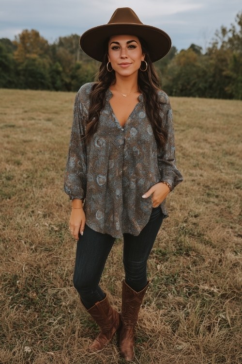 A woman over 40 wears a boho-style tunic with dark skinny jeans and cowboy boots for a country concert