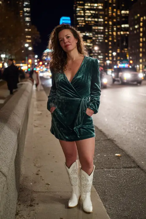A curvy woman over 40 wears a deep-green velvet wrap dress with structured shoulders and white embroidered cowboy boots