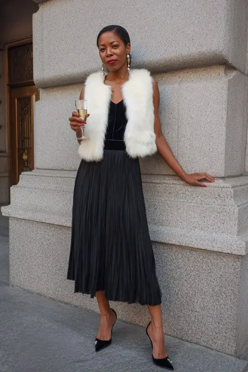 A woman wears a sleeveless black midi dress with a pleated skirt and velvet waistband, topped with a white faux fur cropped jacket and pearl heels