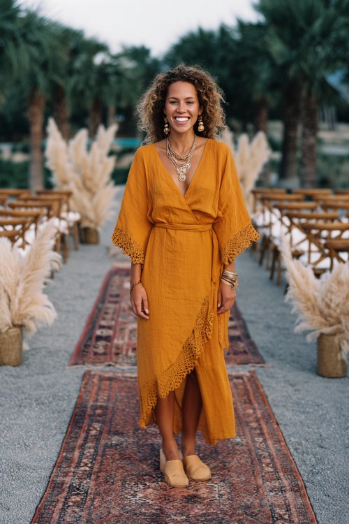 A woman wears a saffron gauze wrap midi with flutter sleeves, crochet trim