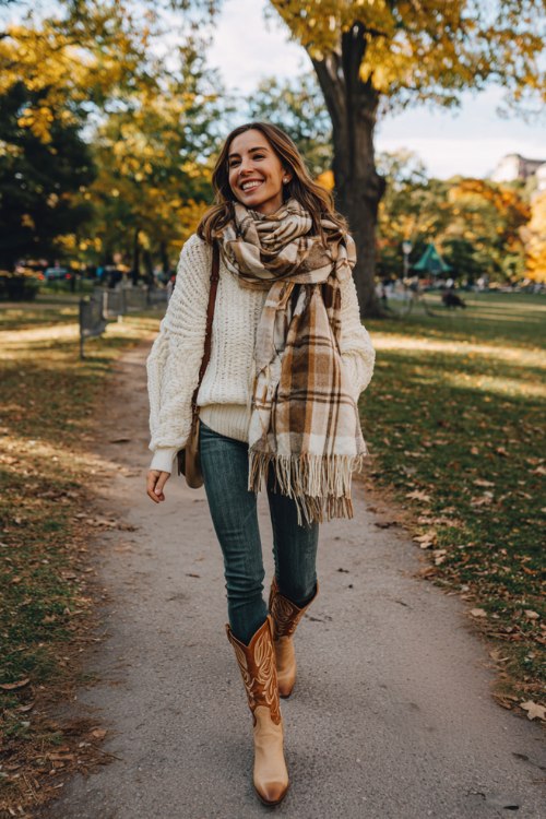 A woman wears skinny jeans tucked into tan cowboy boots, styled with a cream oversized knit sweater and a plaid scarf