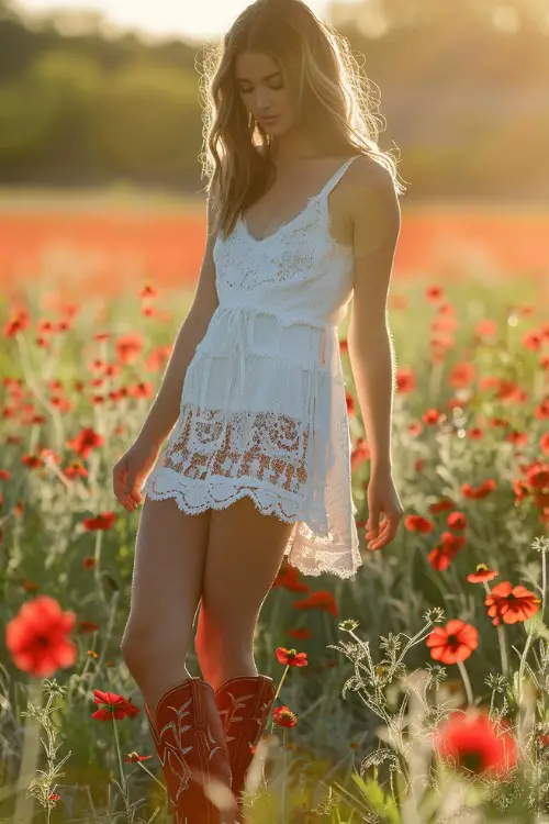 a woman wears white sundress with red cowboy boots in red flower garden