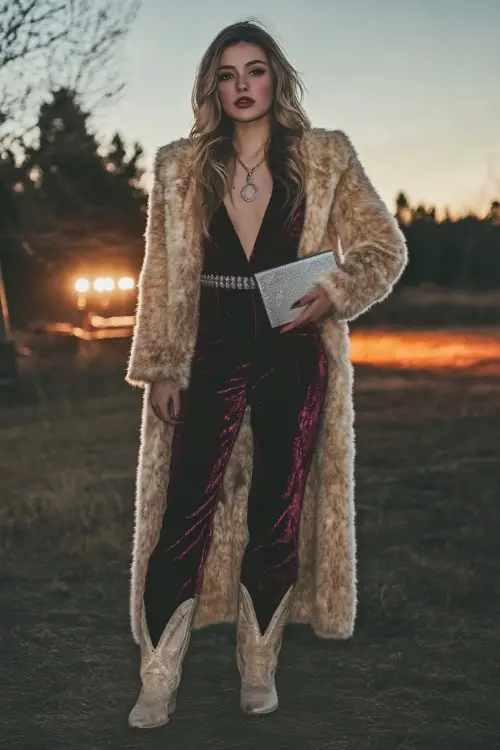 A young woman in a faux fur-trimmed coat, a velvet jumpsuit, and tall western boots