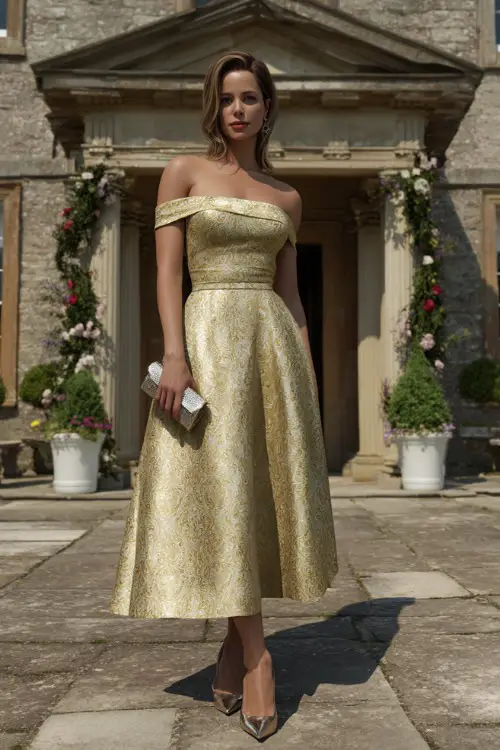 A woman over 50 wearing a soft gold off-shoulder A-line gown with metallic heels and a matching clutch, standing in front of a stately manor decorated for a wedding