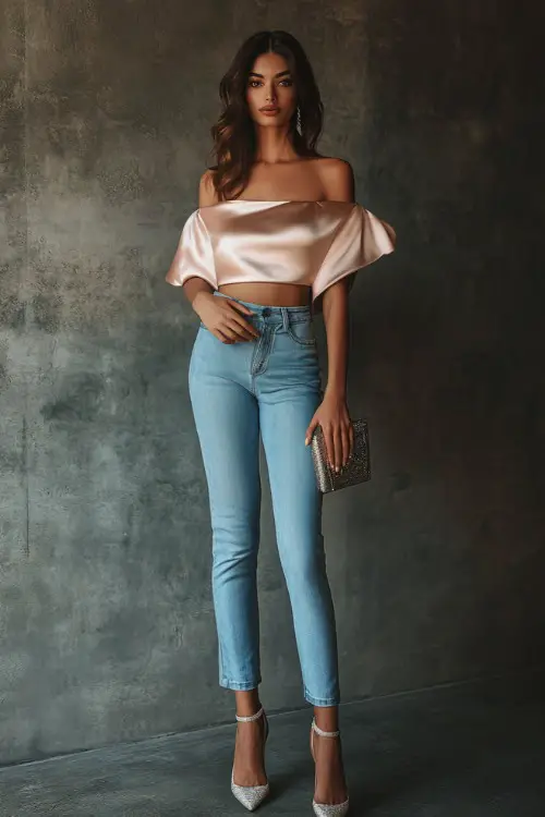 A woman wearing an off-the-shoulder satin blouse tucked into straight-leg jeans, accessorized with strappy heels and a designer clutch