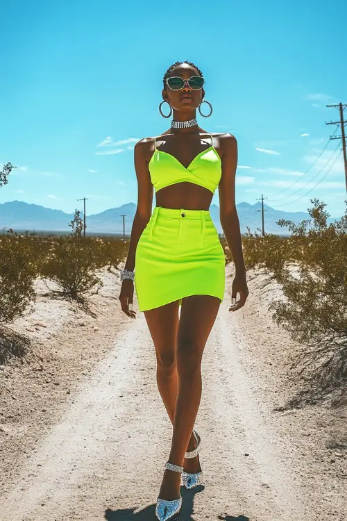 A bold woman in a bright neon green two-piece set with a cropped tank and matching mini skirt, accessorized with silver heels and oversized hoop earrings