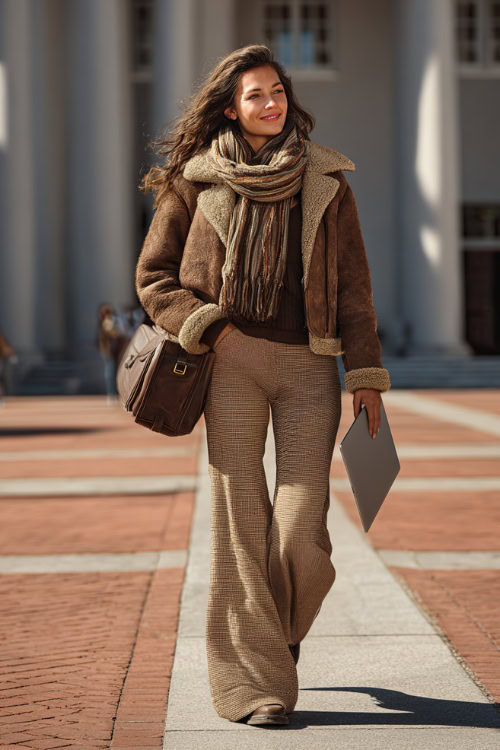 Cozy winter outfit featuring a shearling jacket, wool scarf, wide-leg pants, and loafers, woman walking with a laptop bag on campus