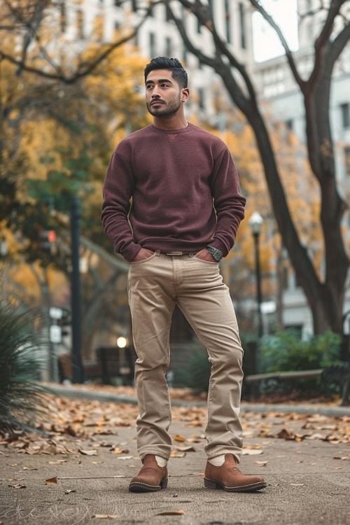a man wears a burgundy sweater, khaki pants, and brown cowboy boots
