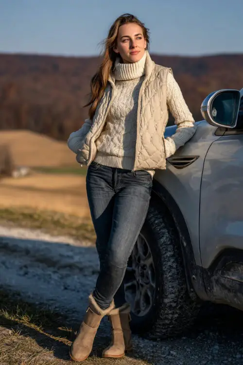 Woman in a cream turtleneck sweater, quilted vest, skinny jeans, and suede ankle boots, standing beside a car in a countryside setting