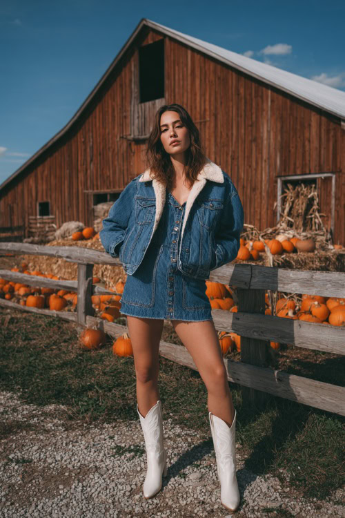 A woman in a denim mini dress paired with a shearling-lined suede jacket and sleek white cowboy boots, standing near a rustic barn decorated with pumpkins