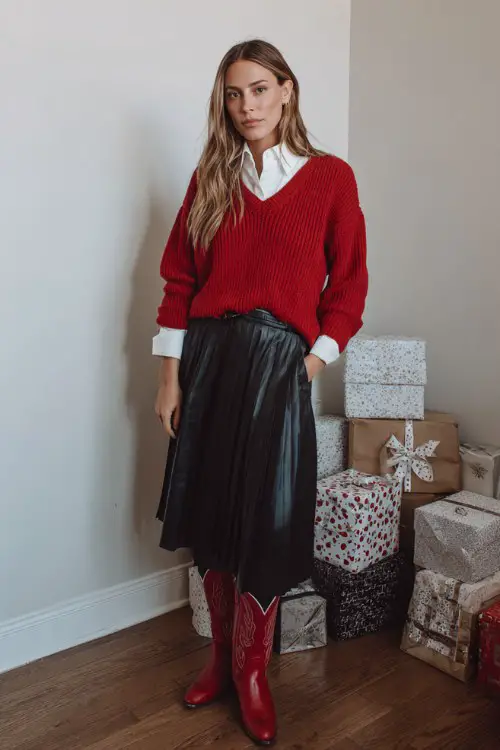 A woman wears a classic red sweater layered over a white collared shirt with a black pleated skirt and red cowboy boots