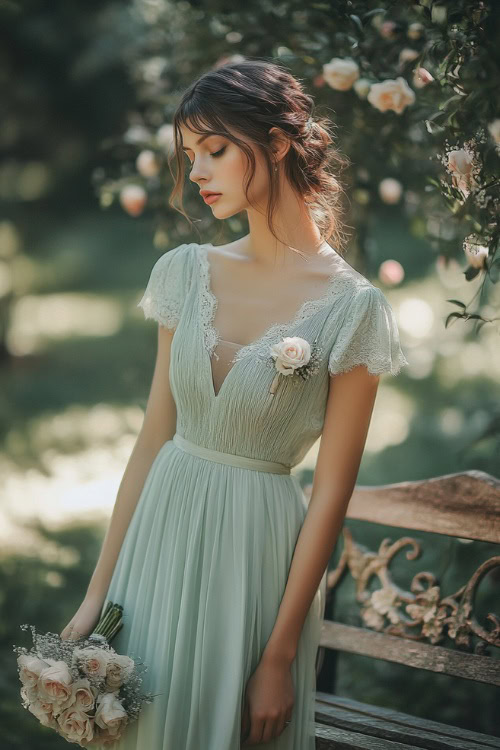 A chic woman in a pastel mint green tea-length dress with a gathered bodice, short flutter sleeves, and floral lace appliqueÌs