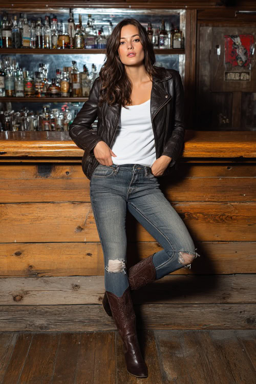 A woman wearing distressed jeans, a fitted leather jacket over a white tee, and heeled boots, leaning casually against a wooden bar wall