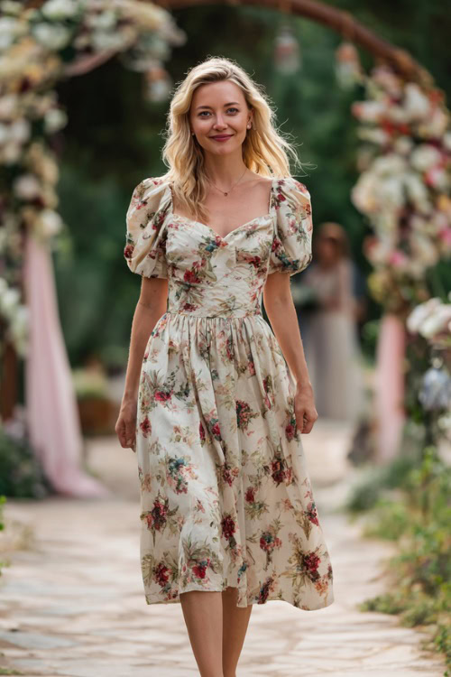 A woman wearing a floral print midi dress with puff sleeves and espadrille sandals, walking along a garden path with wedding decorations in the background