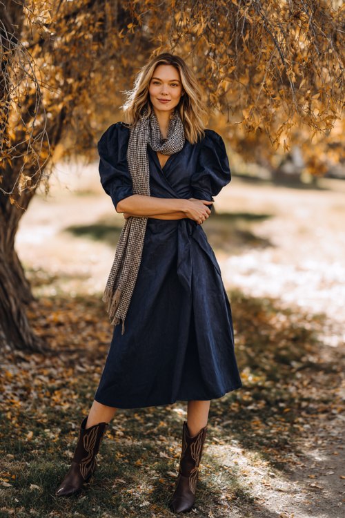 A woman in a navy wrap midi dress with puff sleeves and velvet texture, styled with a light plaid scarf