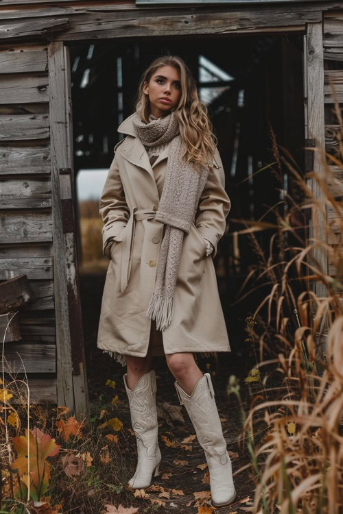 A woman wears cream cowboy boots with a long coat and a long scarf