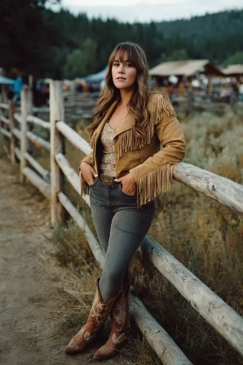 A curvy woman wears skinny jeans with a suede fringe jacket and embroidered brown cowboy boots