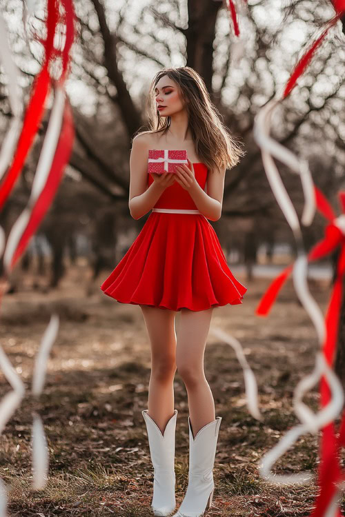 A woman wearing a bright red A-line dress with white cowboy boots, holding a Valentine s Day gift box