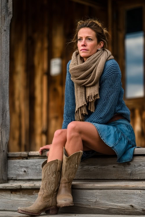 A woman over 40 in a denim skirt paired with a chunky knit sweater, layered scarf, and suede cowboy boots near a wooden barn stage