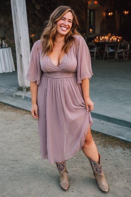 A plus-size woman wears a soft mauve chiffon midi dress with flutter sleeves and embroidered cowboy boots (3)