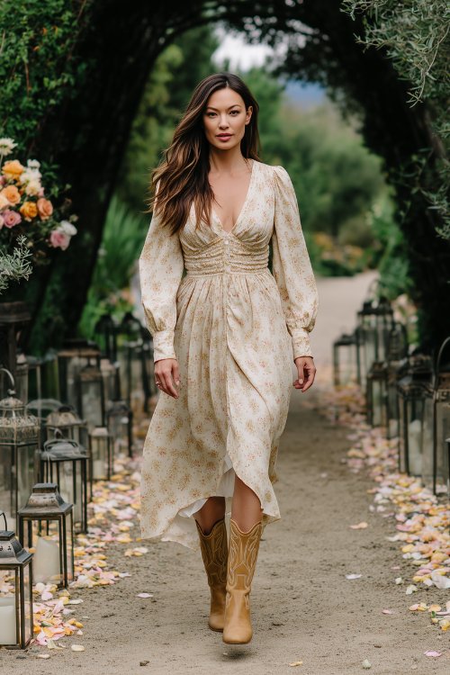 A full-body shot of a woman in a cream floral-printed maxi dress with soft pleats and long sleeves, paired with tan suede cowboy boots