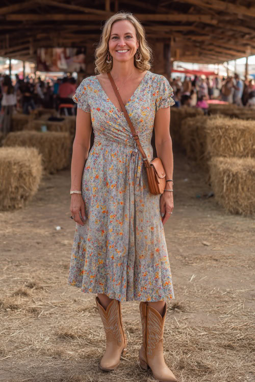 A woman over 40 wearing a floral wrap midi dress with short sleeves, paired with tan cowboy boots and a small leather crossbody bag