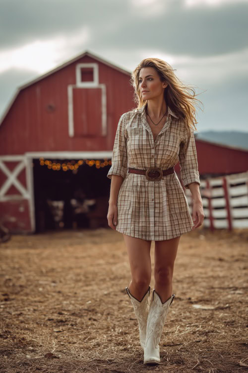 A woman wears a casual plaid dress styled with a leather belt and tall white cowboy boots