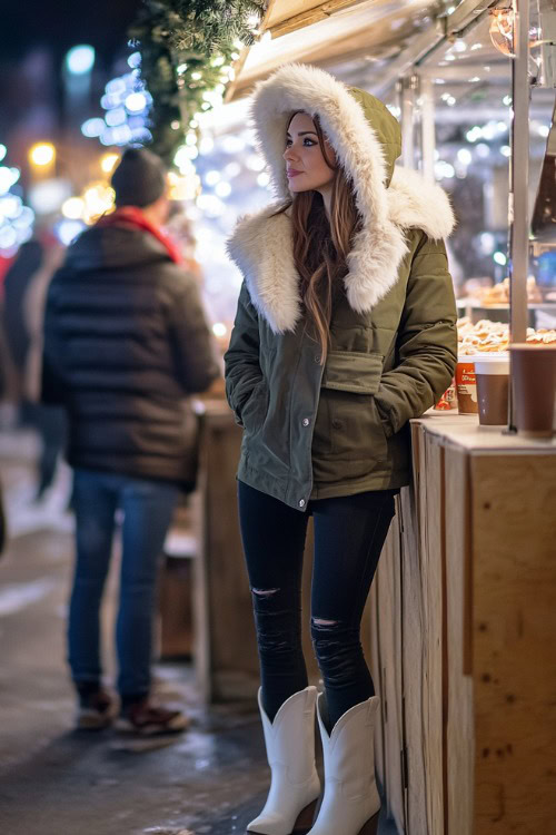 A woman wears white cowboy boots with skinny black jeans and an oversized olive green parka with a faux fur-trimmed hood. She s enjoying a winter concert setting