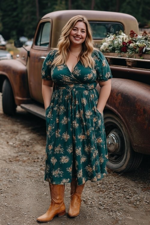 A plus-size woman wears a forest green floral-print midi dress with a cinched waist and tan cowboy boots