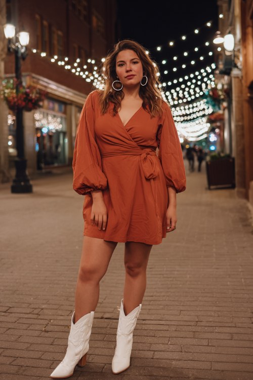 A plus-size woman wears a rust-colored wrap mini dress with puff sleeves, styled with white cowboy boots