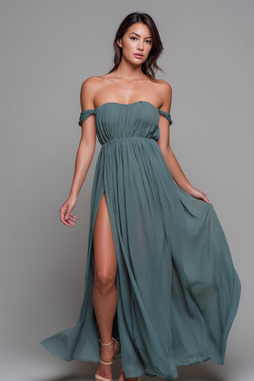 A woman wearing a flowy chiffon maxi dress with a thigh-high slit and block heels, styled for an elegant summer evening, simple studio background