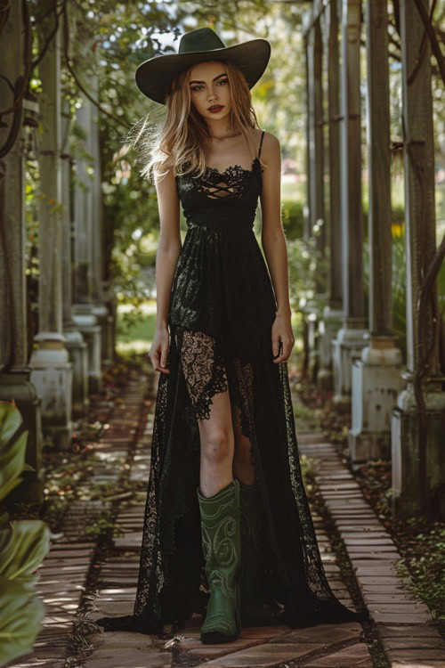 a woman wears green cowboy boots and black lace maxi dress
