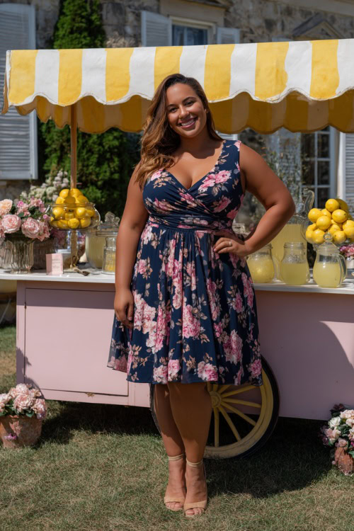 A plus-size woman wearing a sleeveless navy and pink floral wrap dress with tan heels, standing beside a lemonade stand set up at a summer wedding