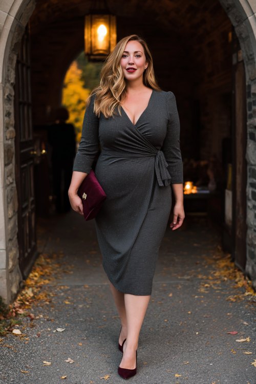 A plus-size woman in a charcoal grey midi wrap dress with subtle shimmer thread detailing, paired with burgundy pumps and a matching velvet clutch