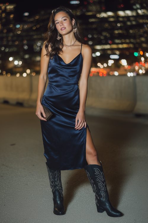 A woman in a deep navy satin slip dress with tall black cowboy boots, styled with a clutch and earrings for evening out