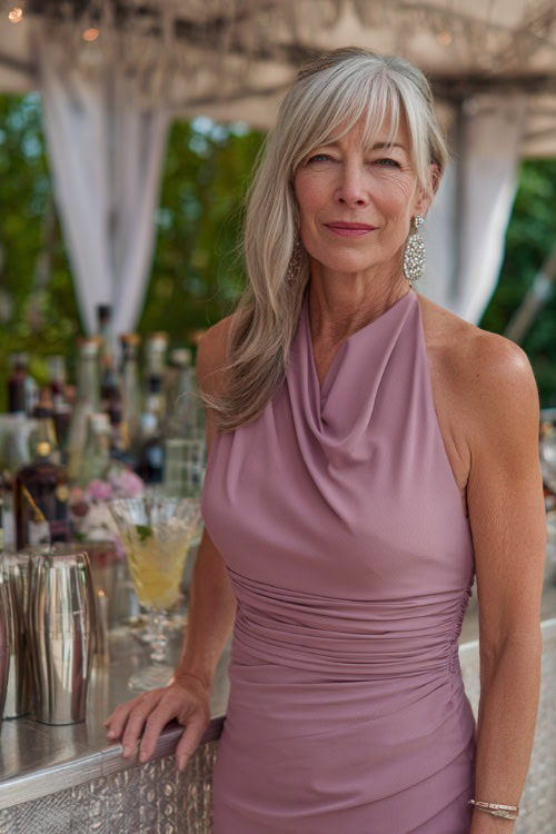 A woman over 50 in a sleeveless mauve sheath dress with pleated detailing and silver earrings, standing beside a bar setup at a classy outdoor wedding event
