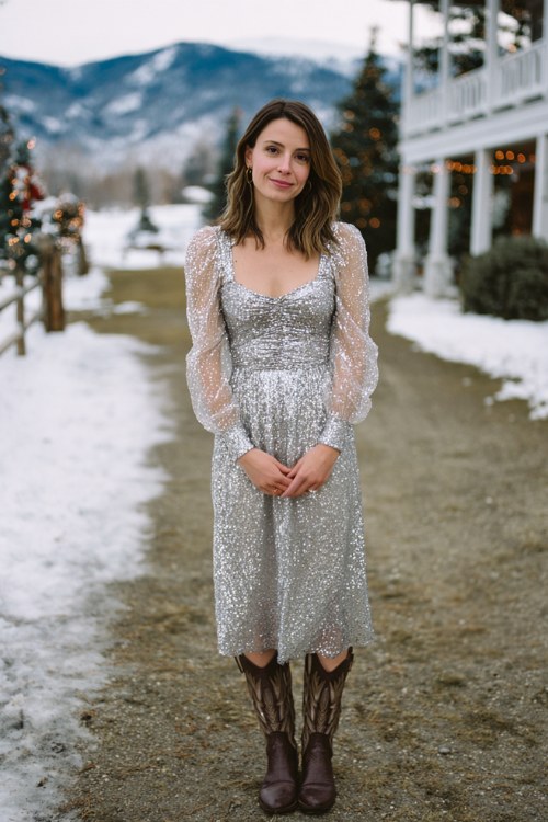 A woman wears a silver sequin midi dress with sheer sleeves, paired with classic brown cowboy boots