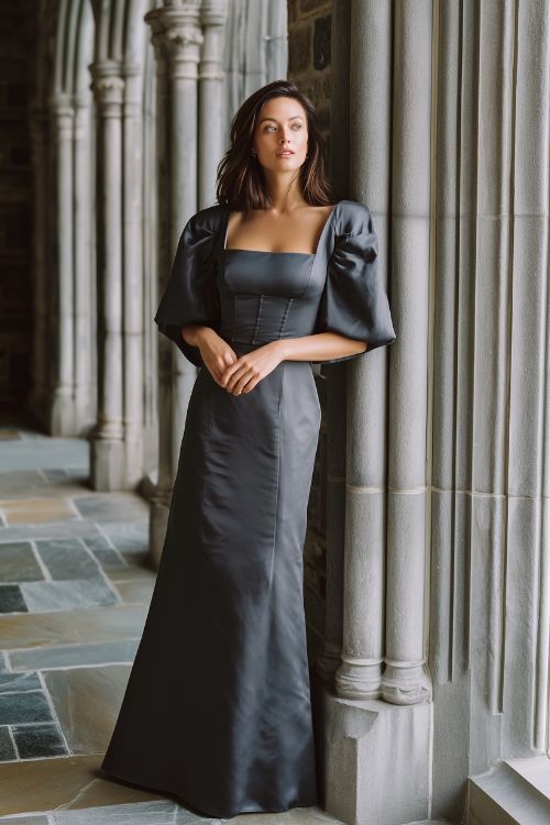 A woman wears a charcoal gray column gown with a square neckline, structured bodice, and floor-length cape sleeves