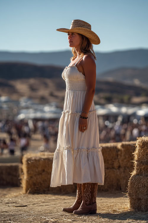 A woman wearing a sleeveless maxi dress with tiered layers, styled with classic brown cowboy boots and a wide-brim straw hat,