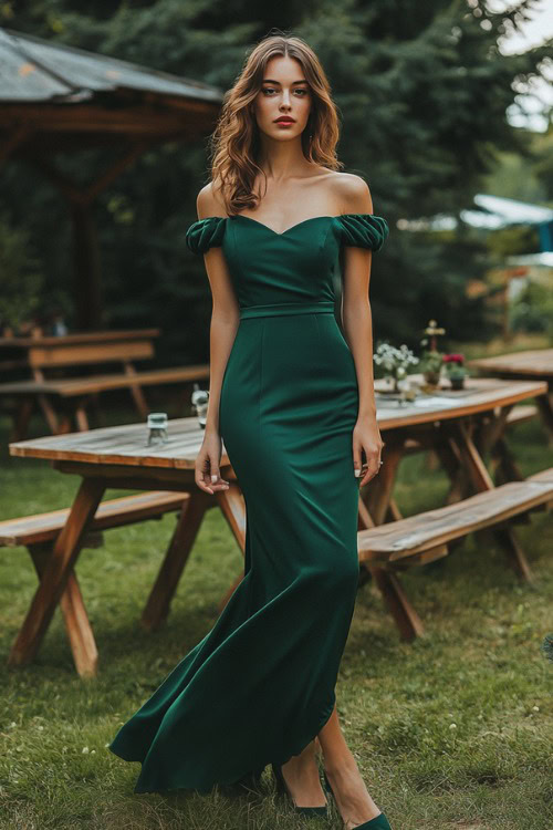 a woman wears an off shoulder green wedding guest dress with matching heels