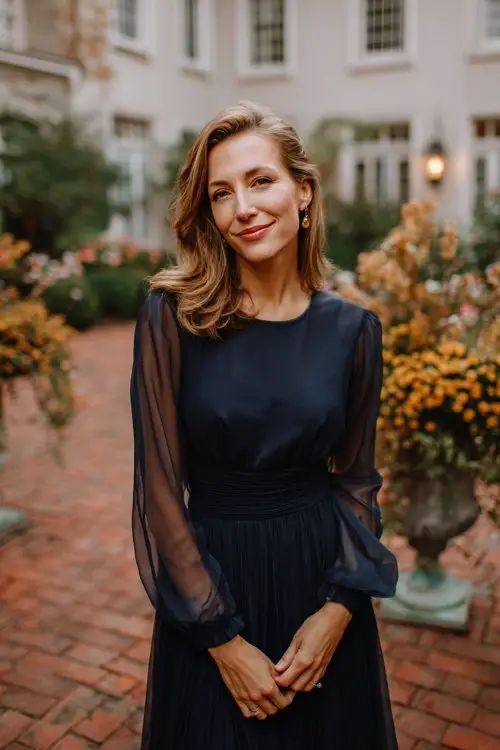 a woman over 50 in a teal chiffon cocktail dress with embroidered bodice
